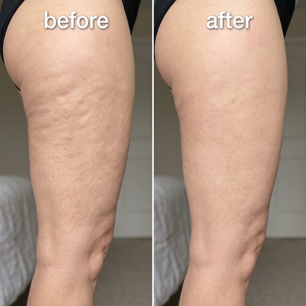 Before and after: the back of a customer's thigh, visibly smoother after wearing Skinnify